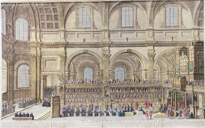 A Prospect of the Choir of the Cathedral Church of St. Paul, on the General Thanksgiving, the 31st of December 1706. Her Majesty and both Houses of Parliament present by Robert Trevett